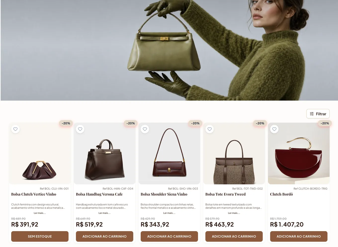 Catálogo de LINK en el ordenador, con banner de la tienda y bolsos con precio