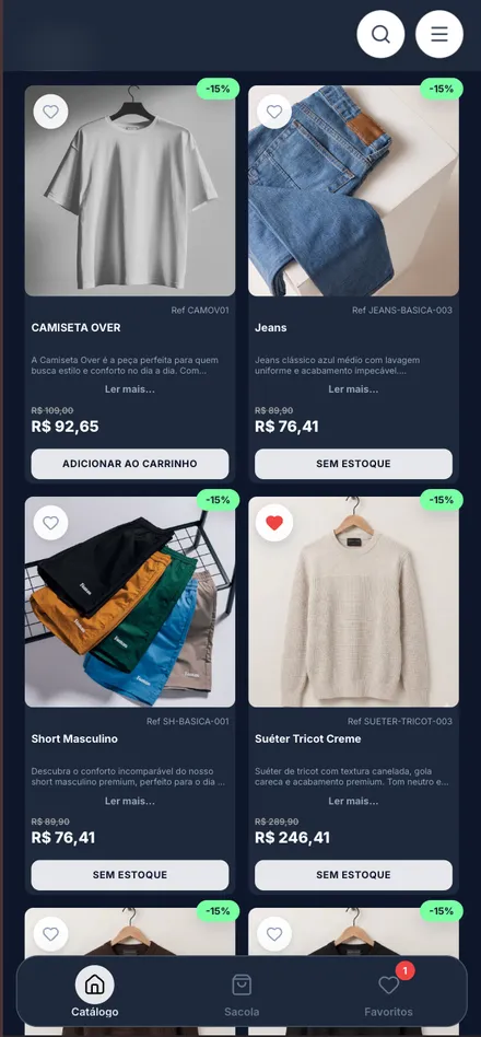 Catálogo de demostración de moda en el móvil, con tema oscuro